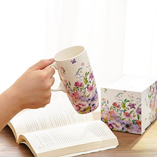 Dusvally Coffee Ceramic Mugs Travel Coffee Mug Porcelain Latte Tea Cup With Lid And Gift Box 17Oz.tall Coffee Mug,Pink Flower #TOP2