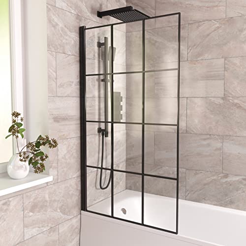 800mm Square Bath Screen Black Profile with Grid Glass Reversible | Sheen