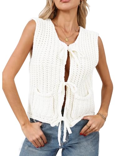 Image of Trendy Cardigan Sweater Vest Crochet Knit Top Sleeveless Bows with Pockets