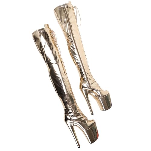 denova's Women's Patent 7.9in Very High Heel Lace Up Platform Pole Dance Over-The-Knee Thigh High Boot with Zipper2