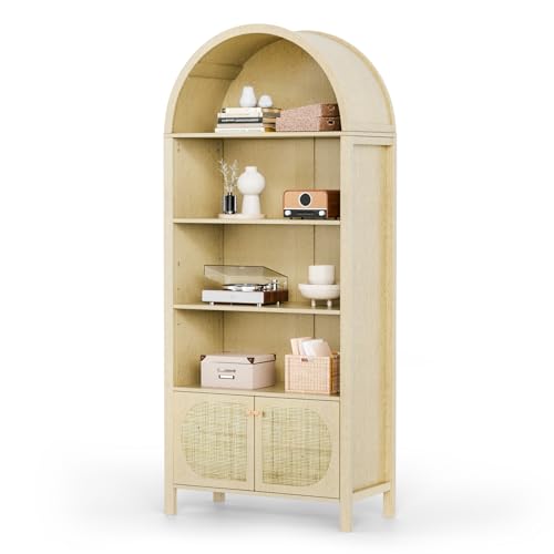 VINGLI 70 Arched Display Cabinet with 5 Shelves Rattan Storage Cabinet 5 Tier Arched Bookshelf Wood Tall Bookcases Sturdy Stylish for Living Room Bedroom Dining Room Office Study Room Oak