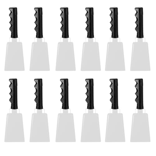 PATIKIL 9inch Cow Bells for Football Games 12pcs Cowbells for Sporting Events Bulk Loud Noise Makers Metal Cow Bell with Handle for Cheering Competition Marathon Wedding DIY Paint White