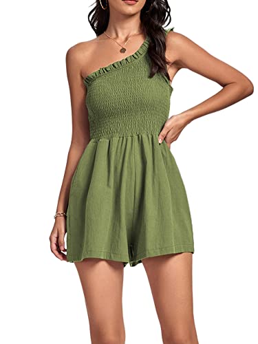 Umenlele Women's One Shouder Sleeveless Trim Smocked High Waist Short Romper Jumpsuit Green Medium #TOP5