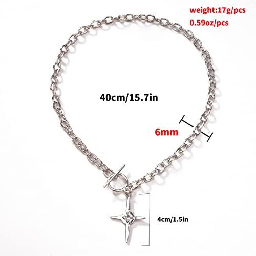 Andelaisi Star Pendant Choker Chain Link Chunky Necklace Cross Pendant Necklace Chain Toggle Bar Clasp Pave Charm Star Pendant Choker Necklace Punk Goth Chains Necklaces For Women And Girls #TOP4