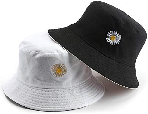 Daisy-Bucket-Hats Reversible Fisherman-Cap Packable Summer Sun Protection (White/Black 1pc)