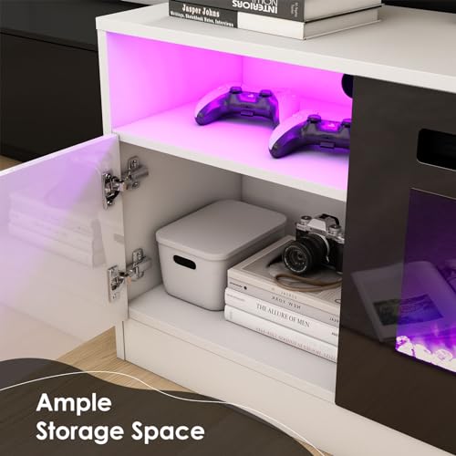Image of AMERLIFE 80 inch TV Stand with 40 inch Electric Fireplace Large Modern Matte Texture Media Entertainment Center with Highlight Storage Cabinet for TVs Up to 90 inch, 80 inches, White&Black