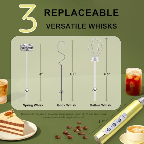 Image of YUSWKO Champagne Gold Handheld Milk Frother Wand for Coffee, Rechargeable Electric Whisk with 3 Heads 3 Speeds Drink Mixer Coffee Frother For Latte, Cappuccino, Hot Chocolate, Egg