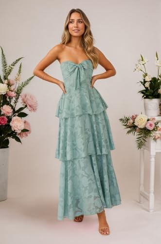 Strapless Bridesmaid Dresses Tiered Floral Chiffon Formal Wedding Guest Dress for Women2
