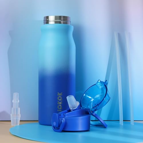 Image of BJPKPK 25 oz Insulated Water Bottle, Straw, Handle, Stainless Steel Flask | Leak Proof Locking Lid, Thermal, Double Wall Vacuum, Keeps Hot /Cold, BPA Free, Dishwasher Safe, Travel & Sports, Sky