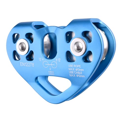 TRIWONDER Polea Escalada 30kN Polea Doble Aluminio de Rescate para Cuerda de Roca Trabajo en Altura (Azul)