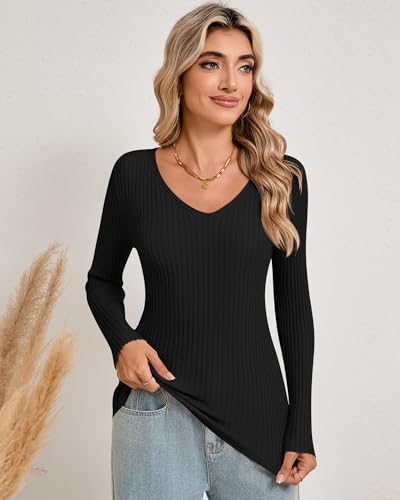 Image of Riyiper 2 Pack Women's Long Sleeve Ribbed Sweaters, V Neck Pullover Tops Slim Fit Casual T-Shirts Tight Basic Knit Tee