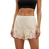 Women Silk Lace Shorts Satin Elastic Waist Lace Trim Mini Shorts Silk Patchwork Lounge Pettipants Slip Bottoms (Ivory, M)
