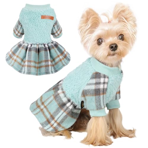 Image of Dog Sweater Dog Winter Clothes for Small Dogs Boy Girl Fall Puppy Dress Warm Fleece Chihuahua Yorkie Teacup Doggie Sweaters Dresses Doggy Sweater for Small Dogs Girl Cat Outfits, Green Plaid, S
