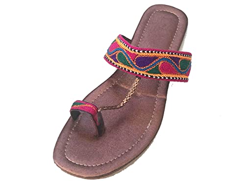 Women Ladies Casual Flat Sandal Indian Handmade Embroidered Kolapuri UK Size (8, Gold Multy)