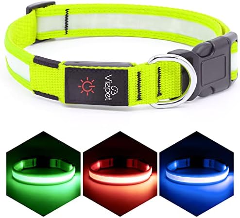 Vizpet LED Dog Collar, Light Up Dog Collar Adjustable USB Rechargeable Super Bright Safety Light Glowing Collars for Dog(Small,Green)