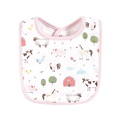 Image of Hudson Baby Unisex Baby Cotton Bibs, Pink Farm Animals, One Size