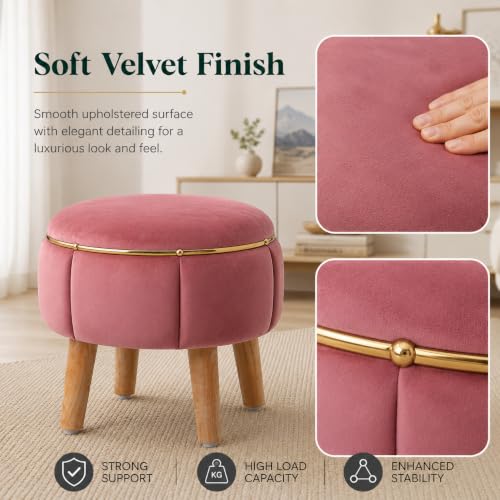 Image of Velvet Upholstered Round Ottoman Footstool | Anti-Slip Feet | Multipurpose Footrest, Step Stool & Vanity Seating & Decor | 40 x 30 cm (16 x 12 Inch) | Gajri