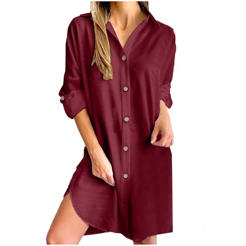 AEGJEGVD - AEGJEGVD Soldes 2025 Robe Chemise Droite Boutonnée Devant Blanche Coton Lin Femme Grande Taille Décontracté à Manches Longues Robe de Plage Ample Tunique Robes Longueur Genou Rétro Maxi Longue Dress