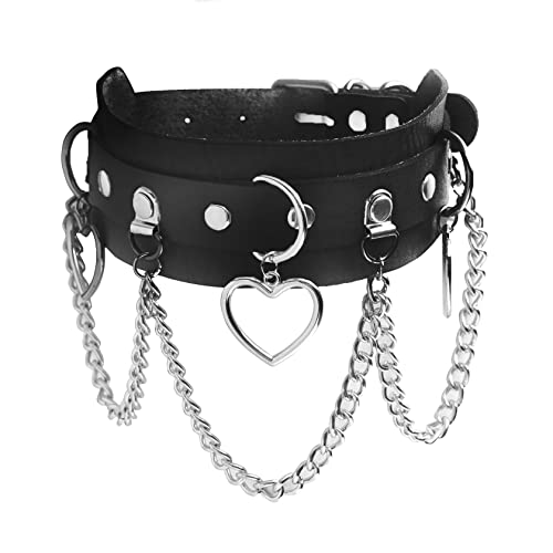 Manfnee Choker Cuir PU Alliage Punk Gothique en Forme de Coeur avec Chaîne Homme Femme Réglable Noir