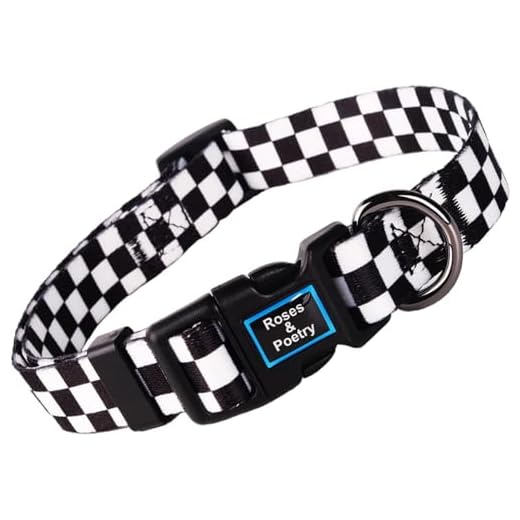 Roses&Poetry Dog Collar with Colourful Checkered Patterns, Adjustable Durable Puppy Collars for Small Medium Large Dogs (Black & White-M)