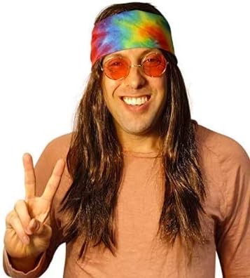 HandinHandCreations Hippie Dark Brown Wig Costume with Tie Dye Bandana 60s 70s Hippy Woodstock Festival Gear