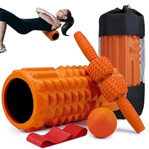 5-in-1 Foam Roller Set, Massage Roller Stick, Massage Ball, Resistance Band for Deep Muscle Massage, Trigger Point Release, Pilates, Yoga (Orange)