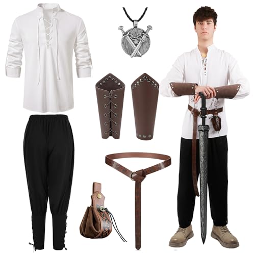 Vikingo Disfraz Accesorios,7pcs Traje Ropa Medieval Mujer Hombre Camisa pirata medieval Pantalones Góticos de Caballero Medieval Celta Pulsera Cinturón Bolsa Collar Plata cosplay Halloween Carnaval