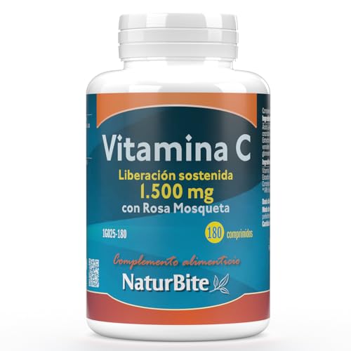 Vitamina C 1500mg con Liberación Sostenida, 180 comprimidos, NaturBite. Comprimidos de Alta Potencia | Con Rosa Mosqueta y Bioflavonoides para una Mayor Absorción | Refuerzo del Sistema Inmunológico