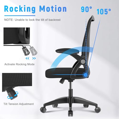 naspaluro Office Chair,Ergonomic Desk Chair with Adjustable Height, Flip-Up Arms and Lumbar Support, Breathable Mesh Swivel Computer Chair for Home Study Working Without Footrest image 3