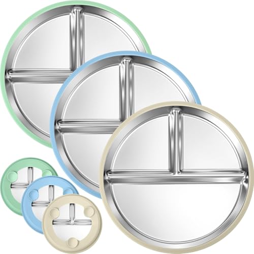 Stainless Steel Kids Plate with Suction, 3 Pack 23cm Divided Toddler Baby Plates with Silicone Sleeves, Non-Slip 2-in-1 Anti Breakage Metal Toddler Bowls Microwave Dishwasher Safe