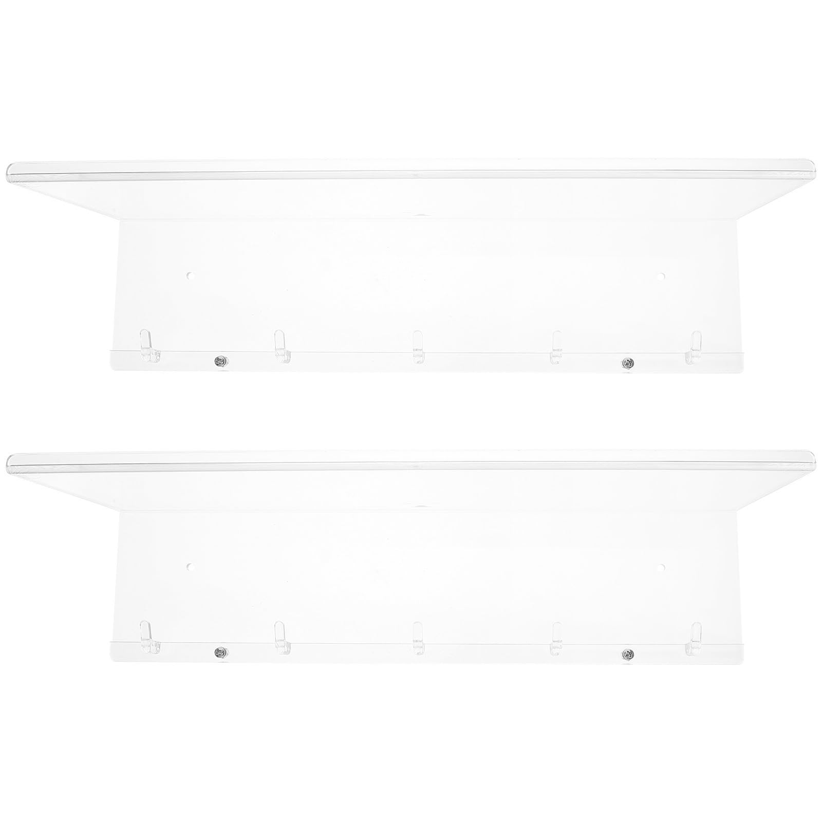Estantes flotantes de pared acrílicos transparentes con ganchos inferiores y bordes redondeados