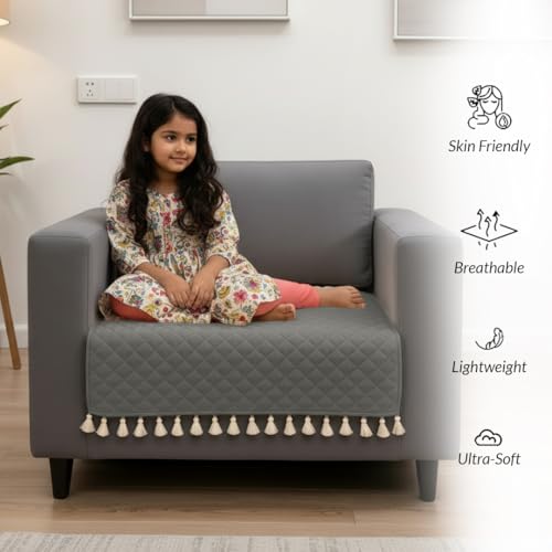 Image of HOMEMONDE 1 Seater Quilted Velvet Sofa Cover with Tassels |Soft, Durable & Premium Fabric with Tassels | Sofa Cover Mats for Living Room, Bedroom, or Drawing Room (76 X 61 CM, Grey)