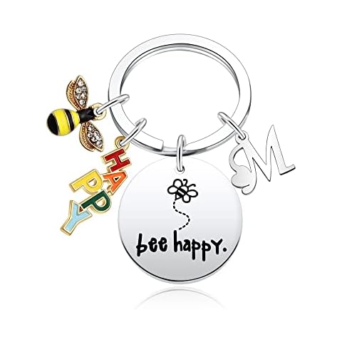 Bee Happy Keyrings for Women Men Personalized 26 Letters A-Z Initials Alphabet Key Rings Birthday Gifts Christmas Gifts (M) Cover