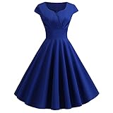 Women's 1950s Audrey Hepburn Vintage Rockabilly Tea Dress - A-Line Swing Cocktail Party Short Sleeve Retro Flowy Pleated Dance Gown in Blue