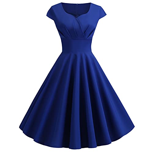 Women 1950s Audrey Hepburn Tea Dress Vintage Rockabilly Dress A Line Swing Cocktail Party Dress Plain Short Sleeve Retro Dresses Swing Flowy Pleated Dance Gown Blue