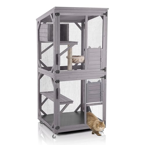 Aivituvin Cat House Outdoor Catio Cat Enclosures on Wheels 70.9" Kitty House with Upgraded Resting Box,Waterproof Roof