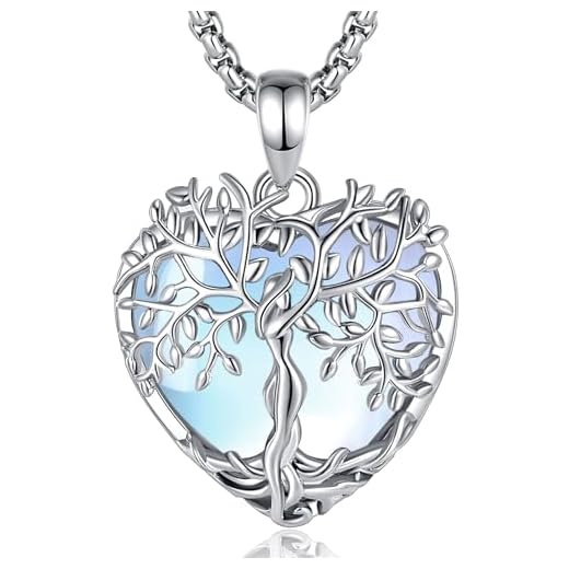 AEONSLOVE Lebensbaum Kette Mondstein Lebensbaum Halskette Damen Frauen Mondstein Anhänger Herz Baum des Lebens Kette Kristall Kette Kristallkette Heilsteine Kette Edelstein Schmuck