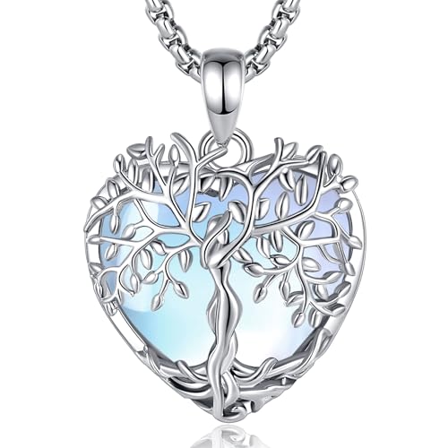 AEONSLOVE Collar Arbol de la Vida Piedra de Luna Colgante Árbol de la Vida Mujer Corazon Colgante Piedra Lunar Natural El Arbol de la Vida Collar de Cristal Collares Piedras Naturales Protectoras