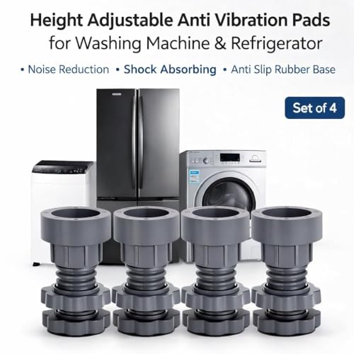 Image of Height Adjustable Anti Vibration Pads for Washing Machine & Refrigerator | Shock Absorbing, Noise Reduction, Anti-Slip Rubber Base | Heavy Duty Machine Feet Risers | Set of 4