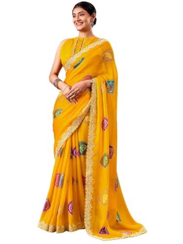 Image of SIRIL Women's Chiffon Bandhani Printed Saree, Sequence Embroidery Border