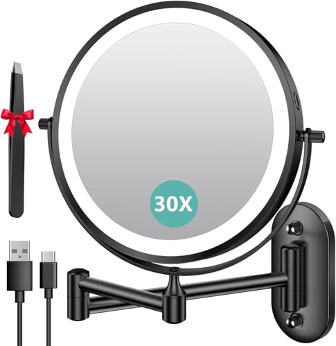 Auxmir 8 Pouces Miroir Grossissant Lumineux Mural x30, Miroir Grossissant Mural avec 3 Modes de Couleur, 1X/30X Grossissement Charge USB, Écran Tactile, 360° Pivotant et Extensible pour Salles de Bain