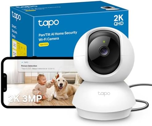 Tapo C210 2K 3MP Pan/Tilt Indoor Camera House Security Camera, WiFi Camera, No Monthly Fee, AI Detection, Dog Puppy Camera, Baby Camera Monitor, 360° View, Night Vision, Works with Alexa & Google