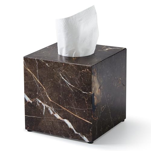Real Natural Marble Tissue Box Cover 5.5 Inch Square Marble Tissue Box Holder with Open Bottom Heavy Stone Decorative Organizer for Bathroom Vanity Kitchen Countertop Luxury Home Dcor