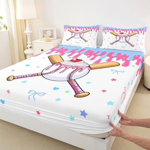 Image of Castle Fairy Baseball Cream Bed Sheets Queen Size,Ball Gaming Sweet Bowknot Bedding Set, Cute Sport Style Boys Girls Room Decor,Pink Bule White Sheet(Fitted+Flat+2 Pillowcases)