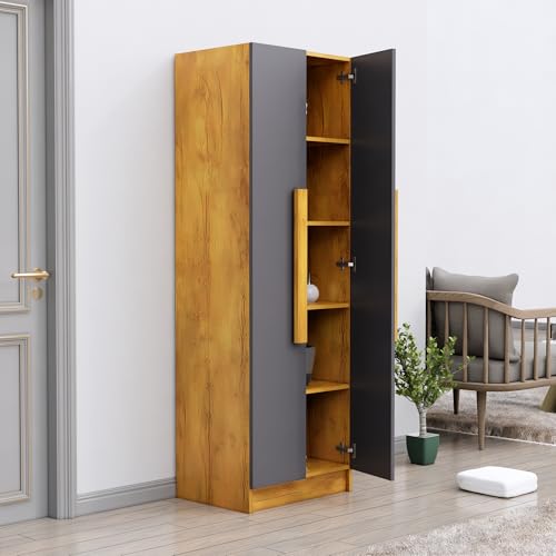 Image of Bniture Wooden Almirah for Clothes, Door for Bedroom, 2 Door Wardrobe with 4 Shelves Huge Storage Space (46D x 60W x 182H CM) | 3 Year Warranty (Giant Wood & Slate Grey)