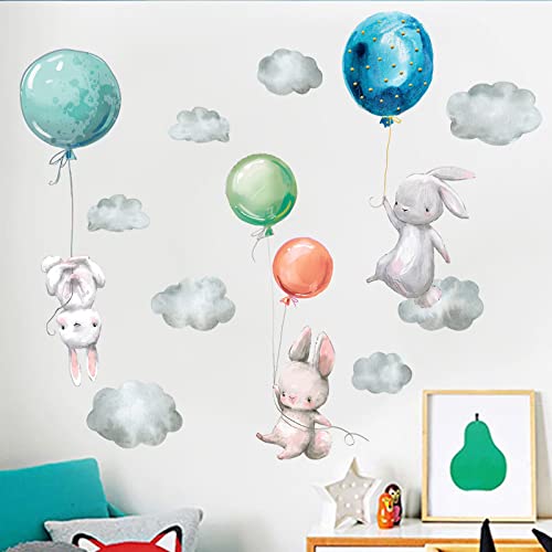 Maydahui Flying Bunny Wall Stickers Removable Peel And Stick Watercolor Cartoon Animal Wall Decal (36 X 28 Inch) Balloon Cloud Cute Rabbit Sticker Decor For Kids Bedroom Nursery Living Room Birthday Gift #TOP4