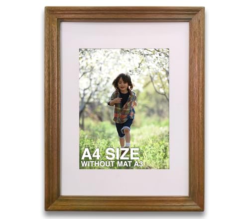Image of A4 Size Wooden Photo Frame with Mat, Brown Photo Frame for Wall Decoration, Home Decor for Wall Hanging, Best Wooden Photo Frame for Posters and Photos (A3 Size Matted to A4 Size)