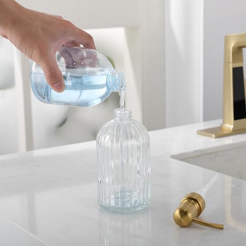 Image of Avola 16Oz Vertical Stripes Glass Soap Dispensers with Brushed Gold Rust Proof Pump, Refillable Bathroom Soap Dispenser for Hand soap, Lotion, Body Wash,Kitchen Soap Dispenser for Dish Soap