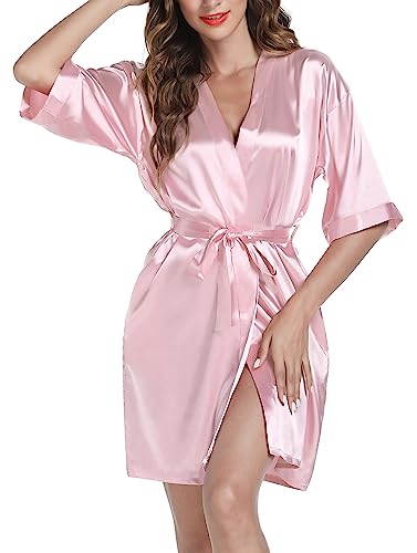 Lovasy Kimono Mujer Sexy Corto Bata de Satén para Mujer,Rosa,L