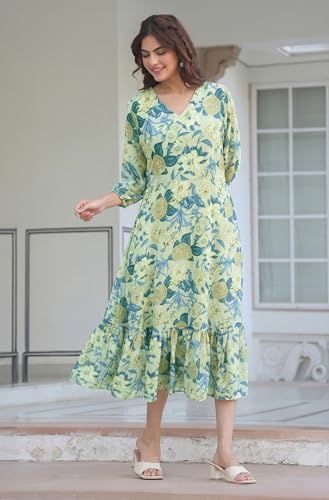 Image of Janasya Women's Light Green Georgette Floral Printed A-Line Dress